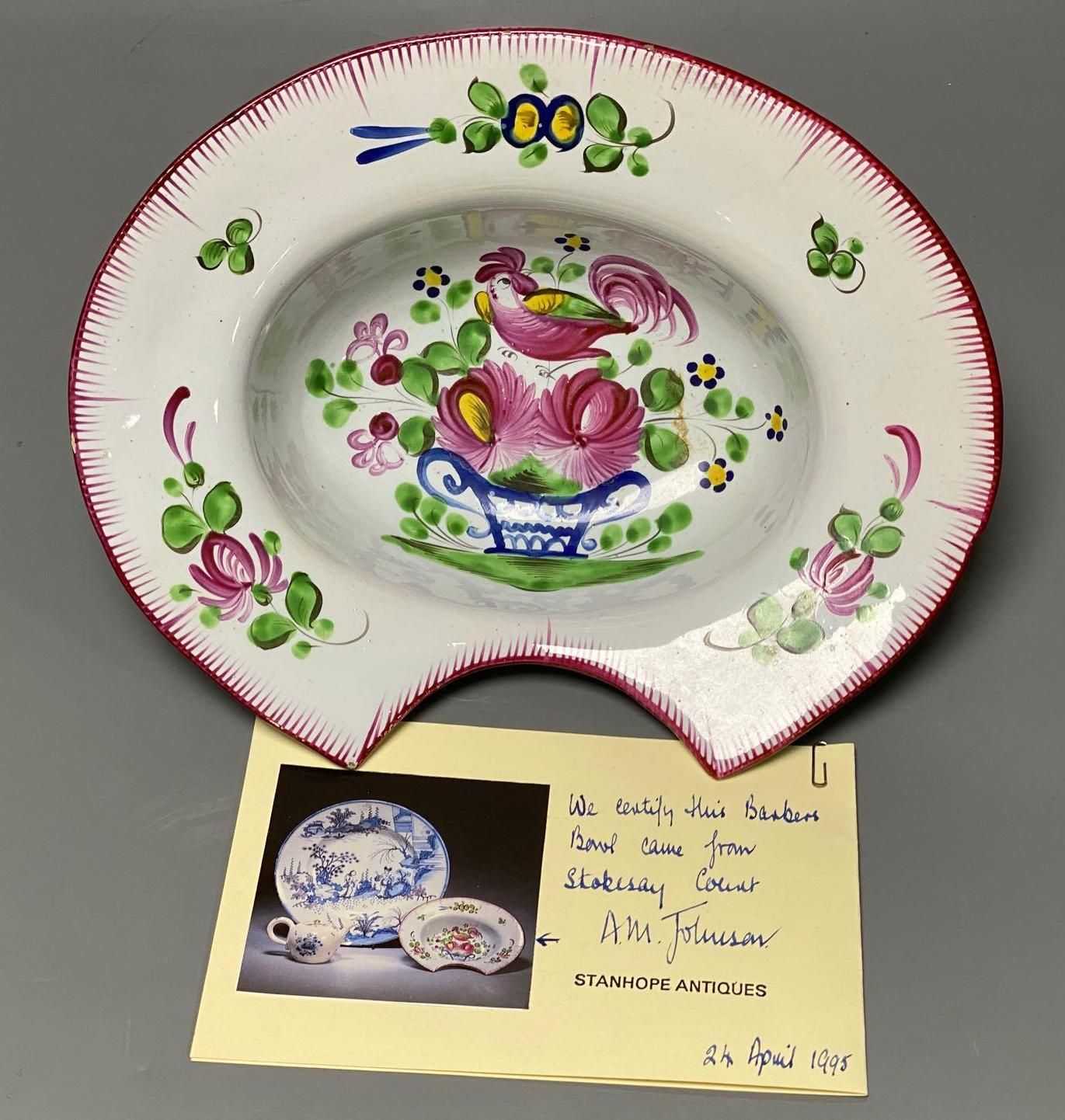 An early 19th French faience barbers bowl, brightly enamelled, width 26cm